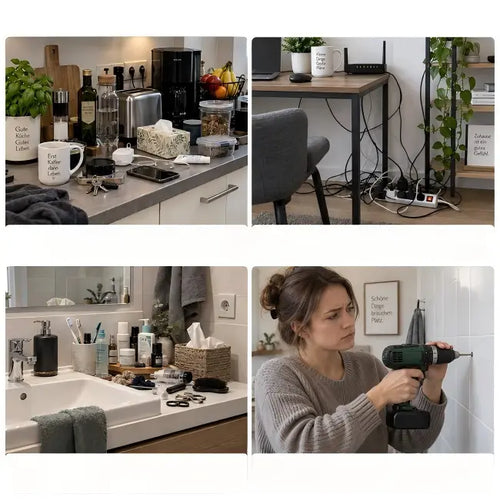 ✅Double-sided adhesive hooks – Mount without drilling.😁More space. More organization. No drilling required.